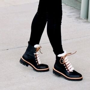 Marc Fisher Izzie Genuine Shearling Lugsole Leather Ankle Boots Lace Up 8.5